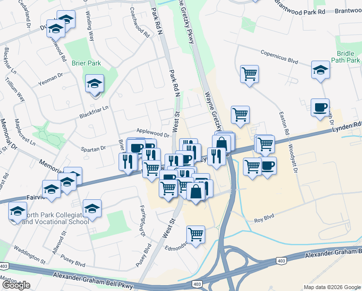 map of restaurants, bars, coffee shops, grocery stores, and more near 661 West Street in Brantford