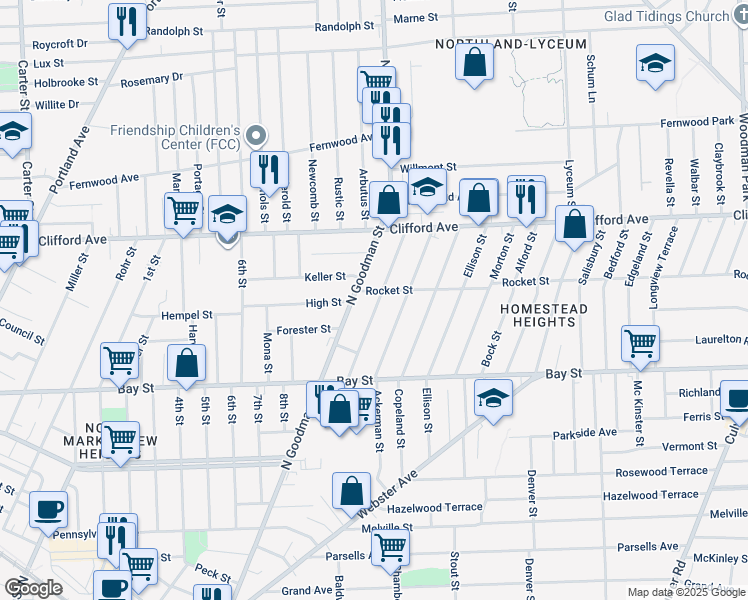 map of restaurants, bars, coffee shops, grocery stores, and more near 99 Winterroth Street in Rochester
