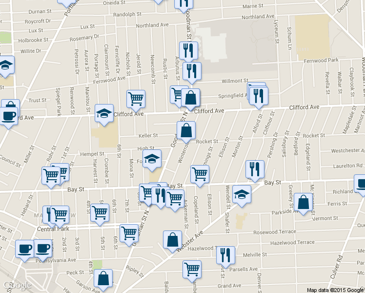 map of restaurants, bars, coffee shops, grocery stores, and more near 99 Winterroth Street in Rochester