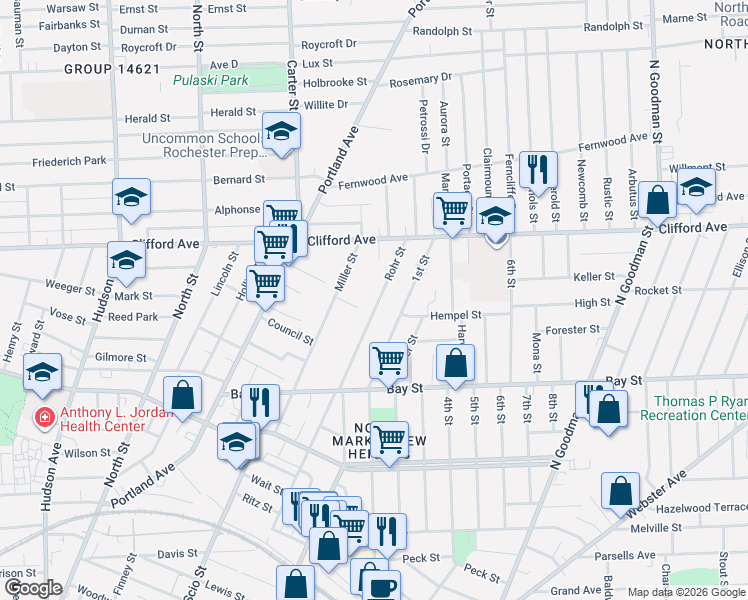 map of restaurants, bars, coffee shops, grocery stores, and more near 315 1st Street in Rochester