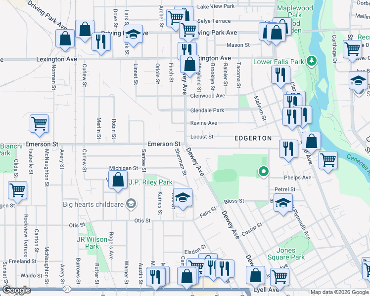 map of restaurants, bars, coffee shops, grocery stores, and more near 1 Curtis Street in Rochester