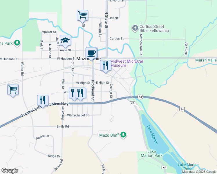 map of restaurants, bars, coffee shops, grocery stores, and more near 401 Cramer Street in Mazomanie