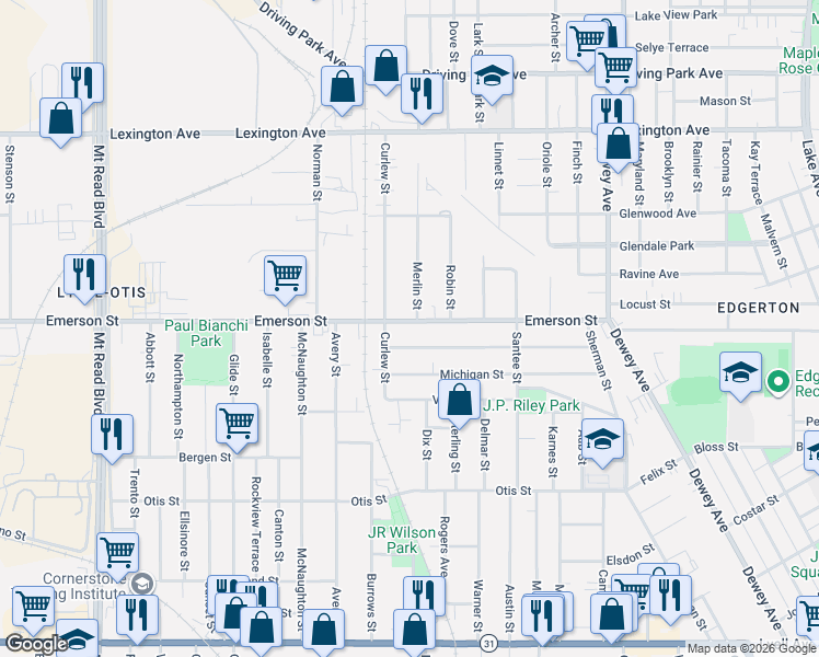map of restaurants, bars, coffee shops, grocery stores, and more near 265 Curtis Street in Rochester