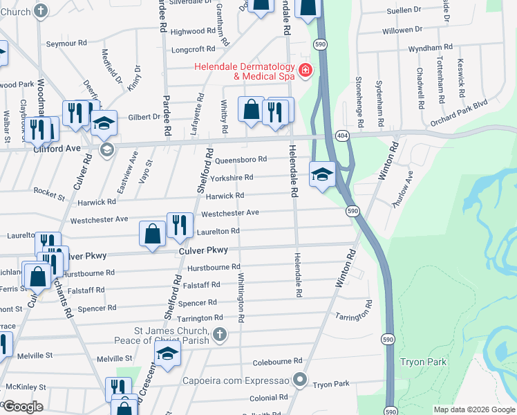 map of restaurants, bars, coffee shops, grocery stores, and more near 614 Westchester Avenue in Rochester