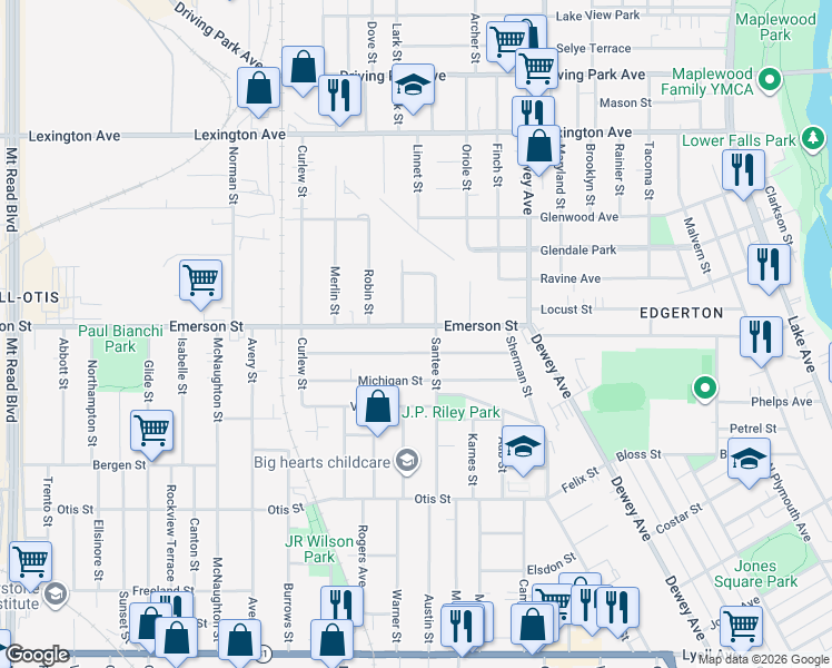 map of restaurants, bars, coffee shops, grocery stores, and more near 163 Curtis Street in Rochester