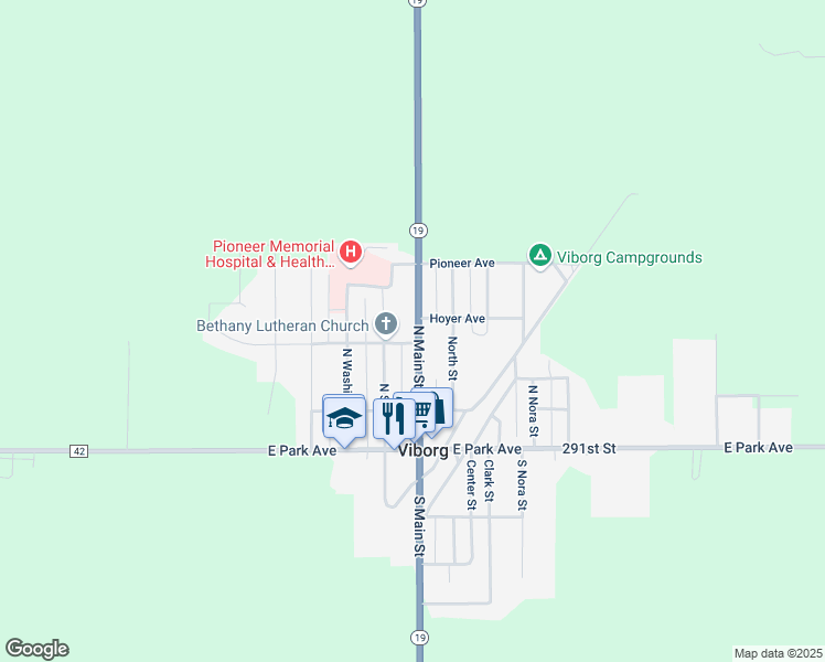 map of restaurants, bars, coffee shops, grocery stores, and more near 301 North Main Street in Viborg