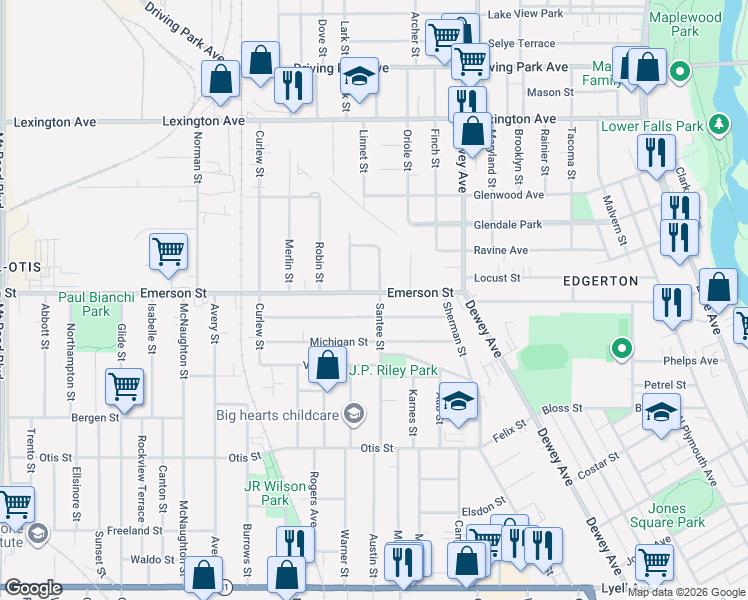 map of restaurants, bars, coffee shops, grocery stores, and more near 101 Curtis Street in Rochester