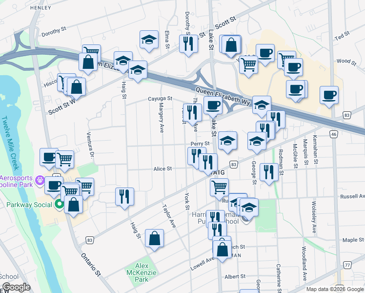 map of restaurants, bars, coffee shops, grocery stores, and more near 205 York Street in St. Catharines