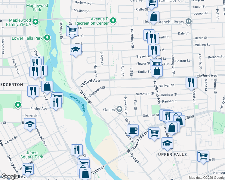 map of restaurants, bars, coffee shops, grocery stores, and more near 44 Scrantom Street in Rochester