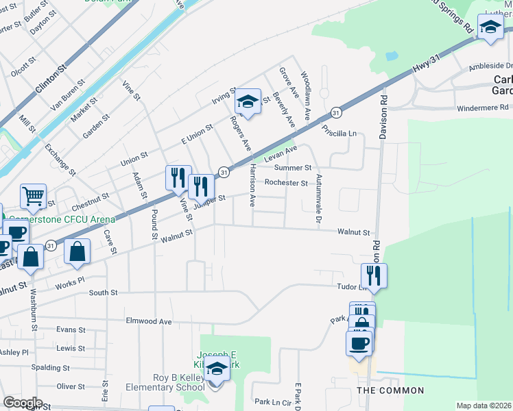 map of restaurants, bars, coffee shops, grocery stores, and more near 653 Walnut Street in Lockport