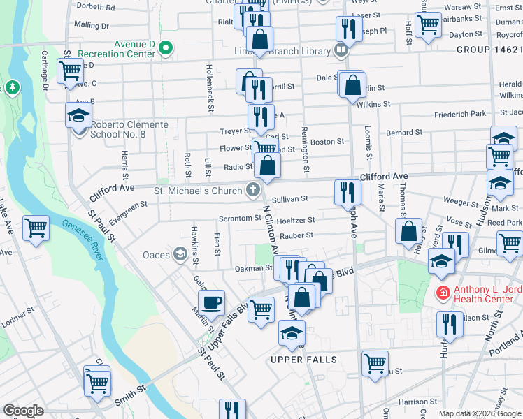 map of restaurants, bars, coffee shops, grocery stores, and more near in Rochester