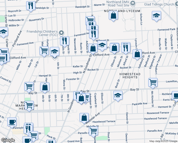 map of restaurants, bars, coffee shops, grocery stores, and more near 129 Winterroth Street in Rochester