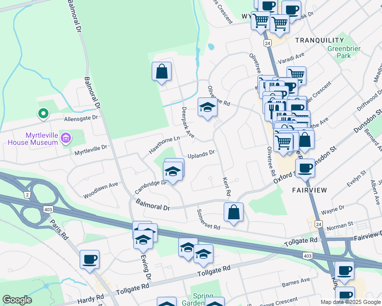 map of restaurants, bars, coffee shops, grocery stores, and more near 22 Uplands Drive in Brantford