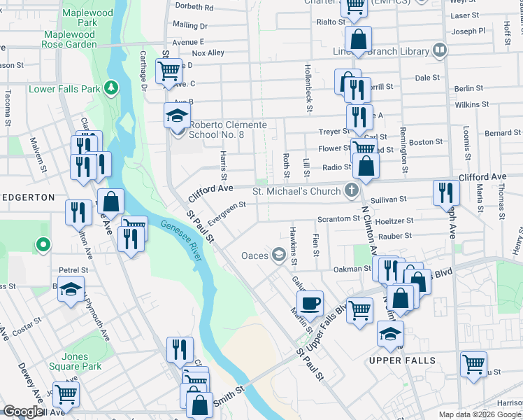 map of restaurants, bars, coffee shops, grocery stores, and more near 24 Conkey Avenue in Rochester