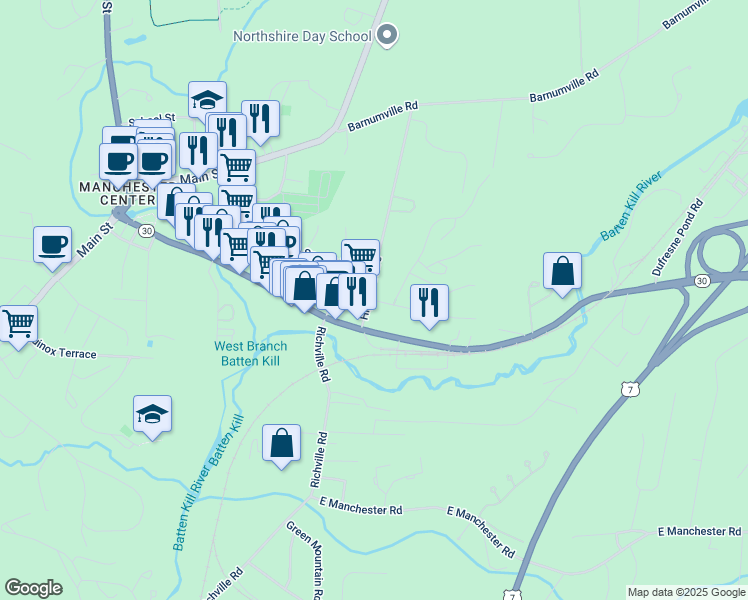 map of restaurants, bars, coffee shops, grocery stores, and more near 575 Depot Street in Manchester