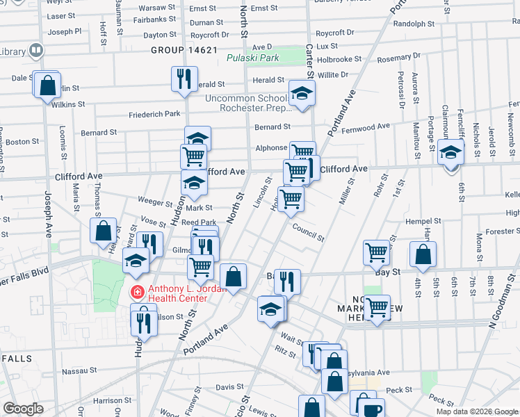 map of restaurants, bars, coffee shops, grocery stores, and more near 90 Lincoln Street in Rochester