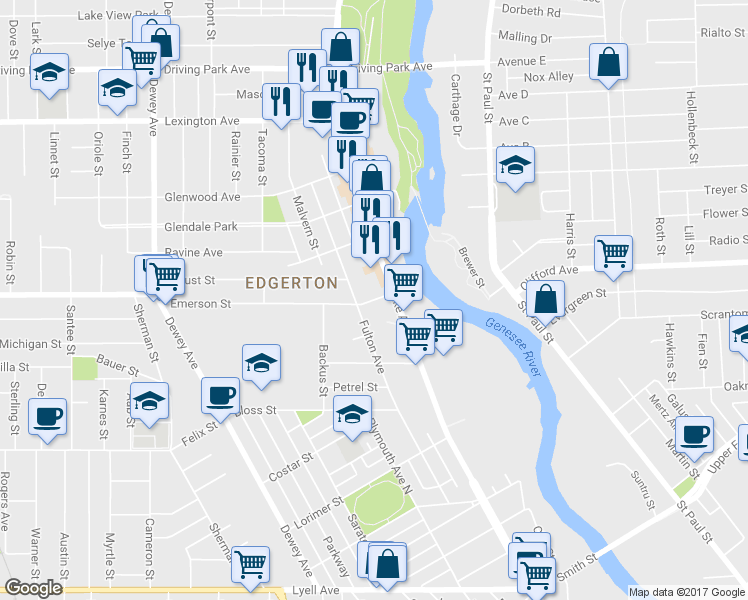 map of restaurants, bars, coffee shops, grocery stores, and more near 25 Emerson Street in Rochester
