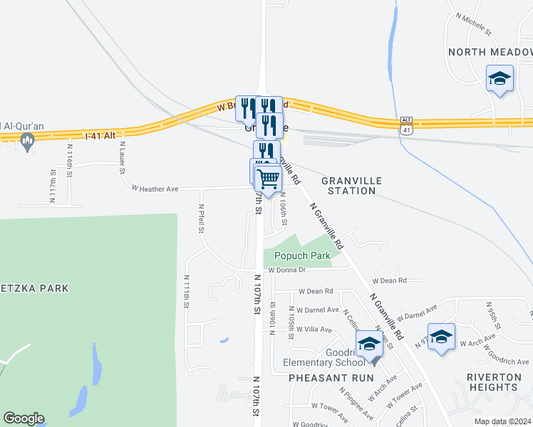 map of restaurants, bars, coffee shops, grocery stores, and more near 8576 North 107th Street in Milwaukee