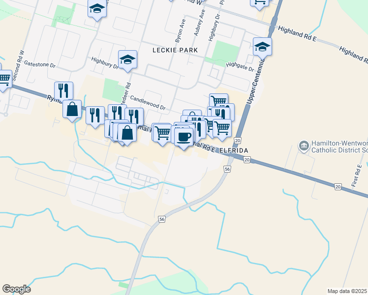map of restaurants, bars, coffee shops, grocery stores, and more near 2200 Rymal Road East in Hamilton