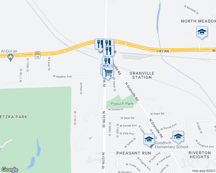 map of restaurants, bars, coffee shops, grocery stores, and more near 8578 North 107th Street in Milwaukee