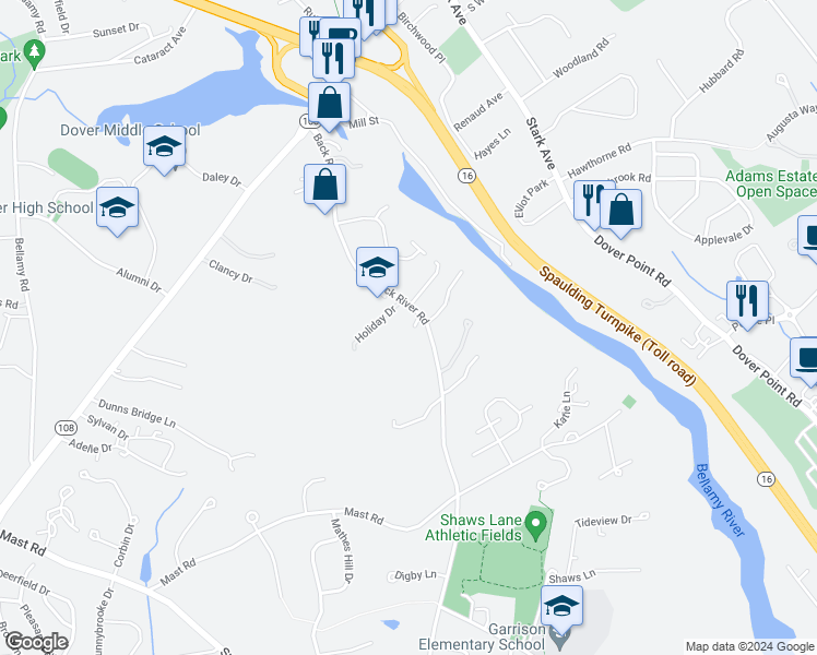 map of restaurants, bars, coffee shops, grocery stores, and more near 49 Back River Road in Dover