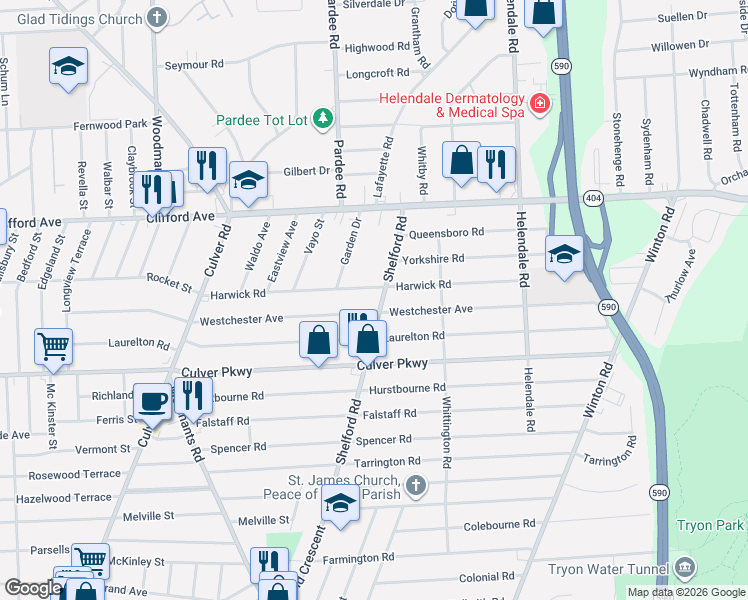 map of restaurants, bars, coffee shops, grocery stores, and more near 467 Shelford Road in Rochester