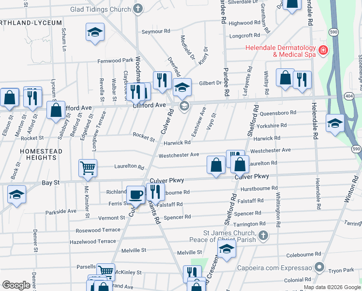map of restaurants, bars, coffee shops, grocery stores, and more near 301 Westchester Avenue in Rochester