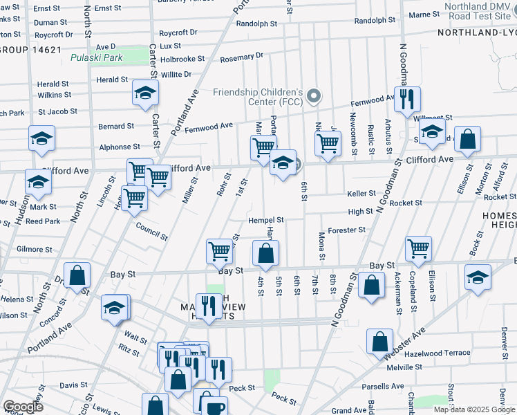 map of restaurants, bars, coffee shops, grocery stores, and more near 83 Hempel Street in Rochester