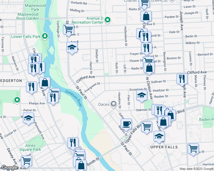 map of restaurants, bars, coffee shops, grocery stores, and more near 44 Scrantom Street in Rochester