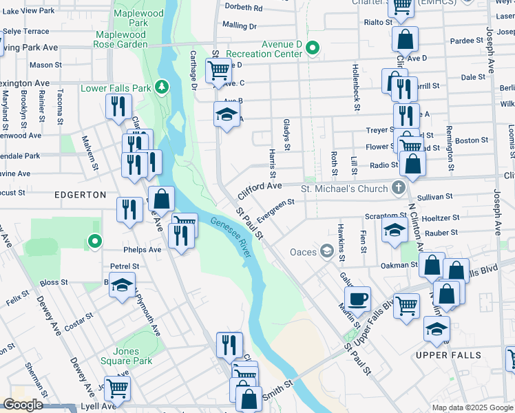 map of restaurants, bars, coffee shops, grocery stores, and more near 7 Evergreen Street in Rochester
