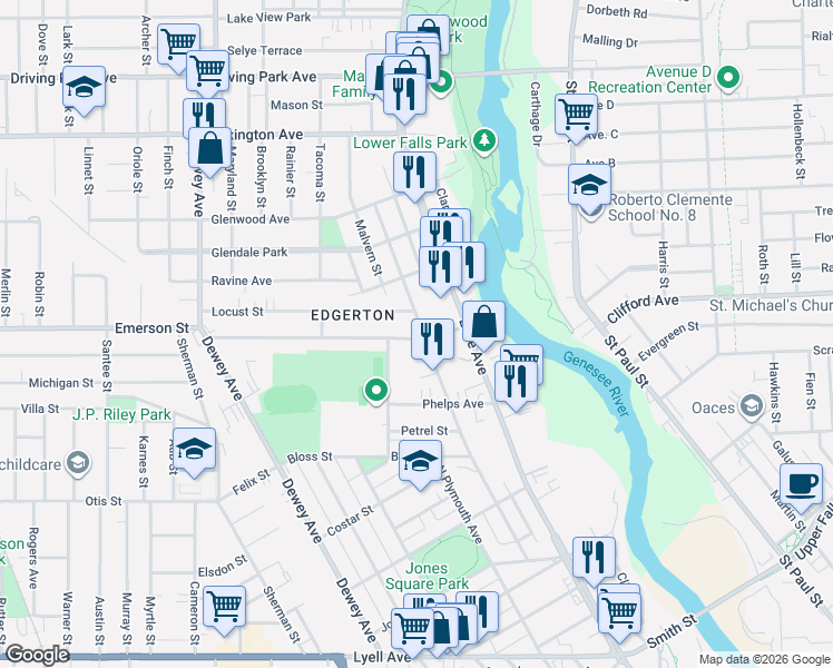 map of restaurants, bars, coffee shops, grocery stores, and more near 137 Fulton Avenue in Rochester