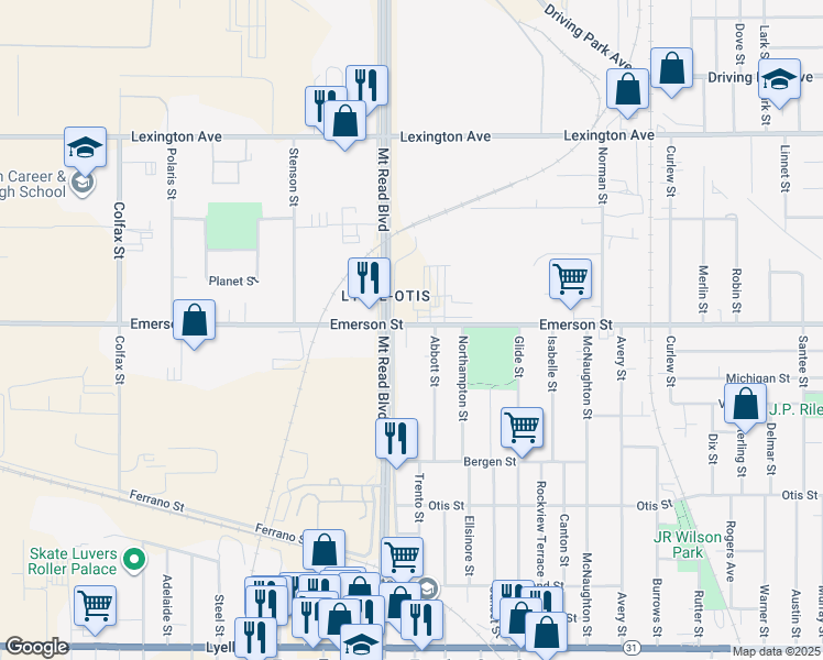 map of restaurants, bars, coffee shops, grocery stores, and more near 1039 Emerson Street in Rochester