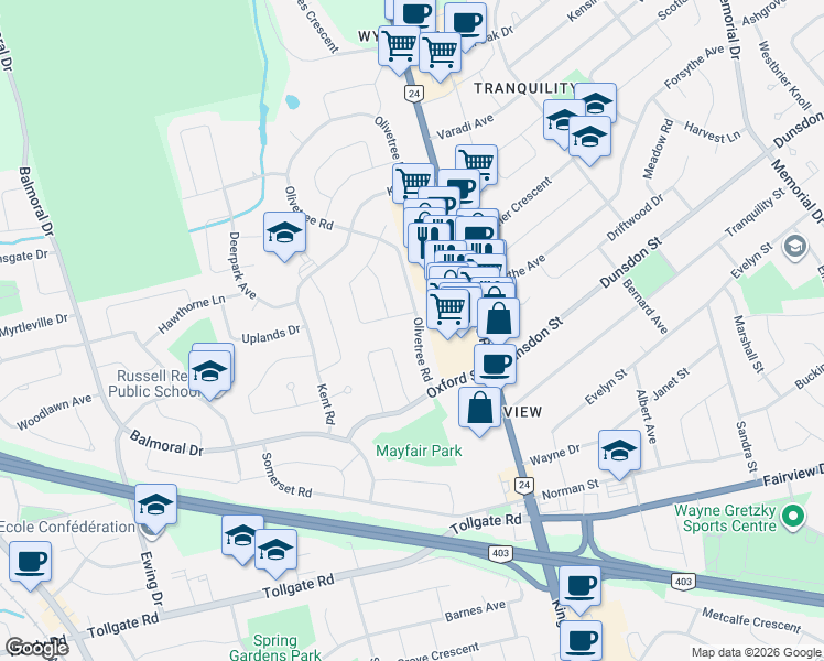 map of restaurants, bars, coffee shops, grocery stores, and more near 36 Palm Crescent in Brantford