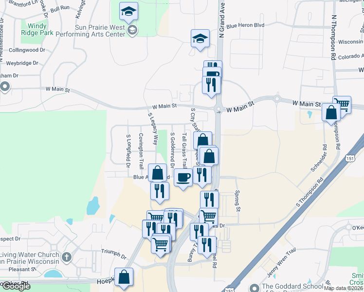 map of restaurants, bars, coffee shops, grocery stores, and more near 310 Tall Grass Trail in Sun Prairie