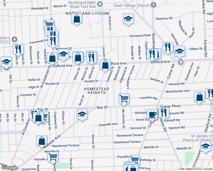 map of restaurants, bars, coffee shops, grocery stores, and more near 73 Salisbury Street in Rochester