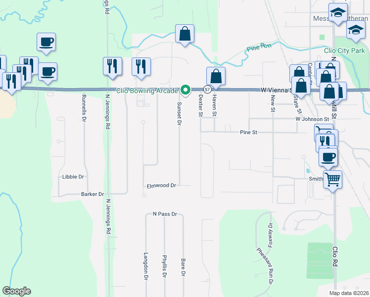 map of restaurants, bars, coffee shops, grocery stores, and more near 11365 Sunset Drive in Clio