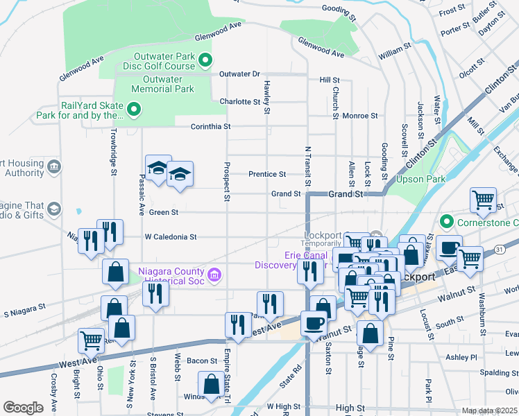 map of restaurants, bars, coffee shops, grocery stores, and more near 264 Green Street in Lockport