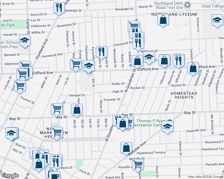 map of restaurants, bars, coffee shops, grocery stores, and more near 70 Forester Street in Rochester