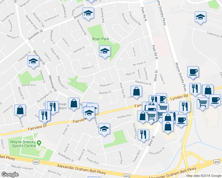 map of restaurants, bars, coffee shops, grocery stores, and more near 12 Spartan Drive in Brantford
