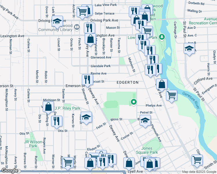 map of restaurants, bars, coffee shops, grocery stores, and more near 250 Emerson Street in Rochester