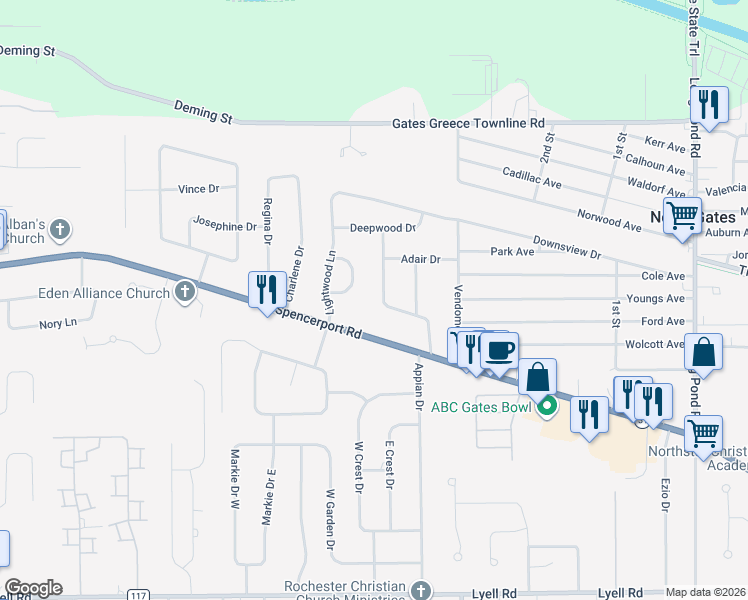 map of restaurants, bars, coffee shops, grocery stores, and more near 29 Bobbie Drive in Rochester