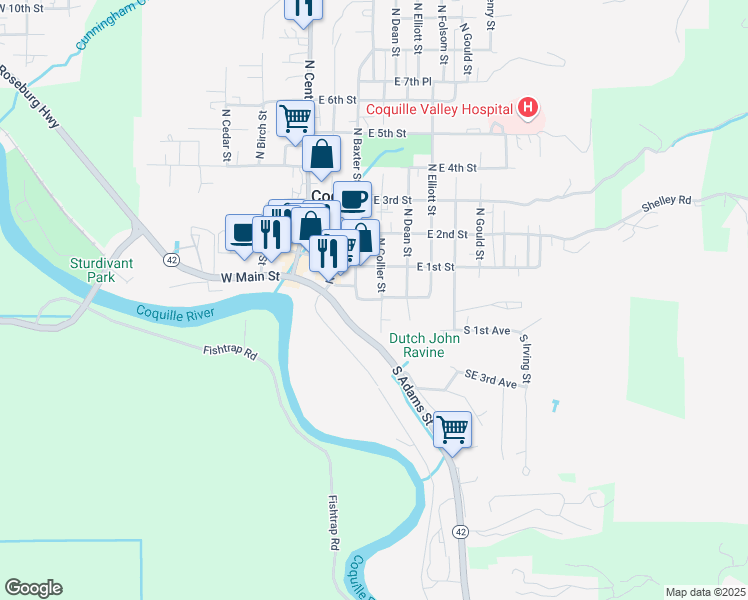 map of restaurants, bars, coffee shops, grocery stores, and more near 257 East Main Street in Coquille