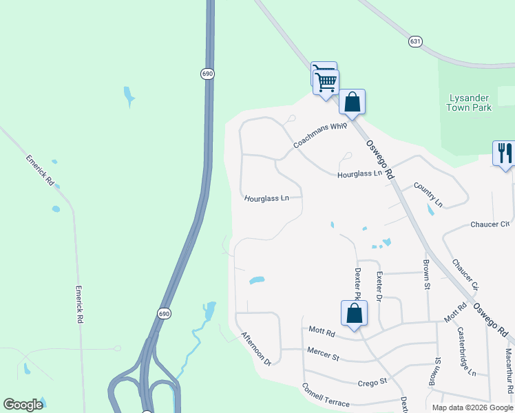 map of restaurants, bars, coffee shops, grocery stores, and more near 428 Hourglass Lane in Baldwinsville