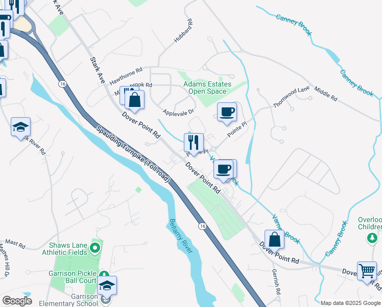 map of restaurants, bars, coffee shops, grocery stores, and more near 30 Dover Point Road in Dover