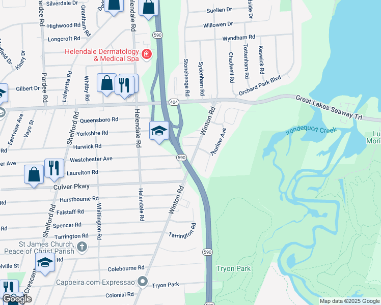 map of restaurants, bars, coffee shops, grocery stores, and more near 1509 Winton Road North in Irondequoit