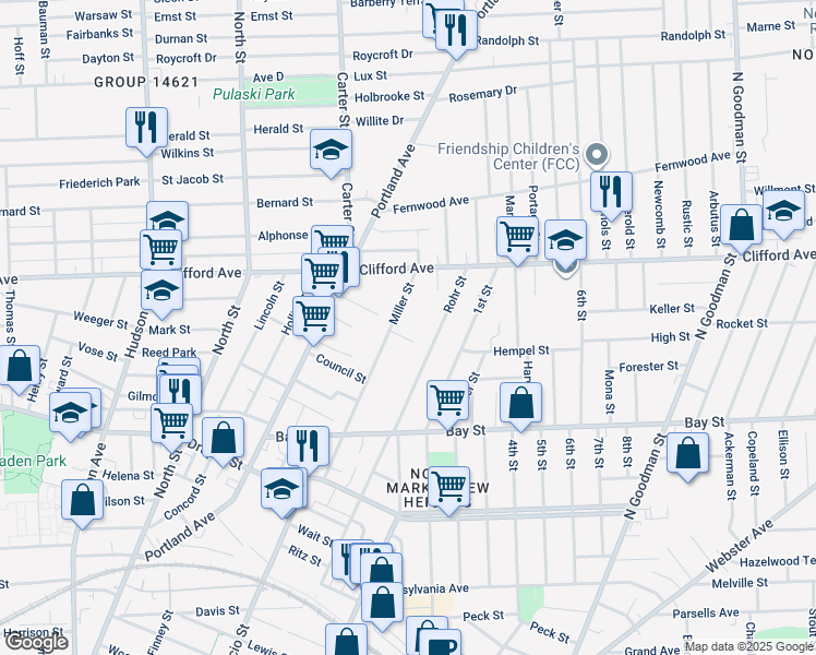 map of restaurants, bars, coffee shops, grocery stores, and more near 74 Miller Street in Rochester