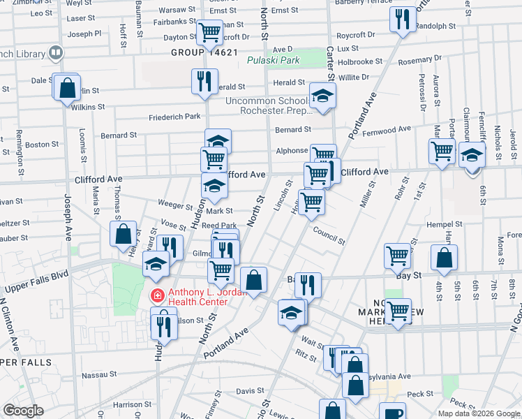 map of restaurants, bars, coffee shops, grocery stores, and more near 159 Lincoln Street in Rochester
