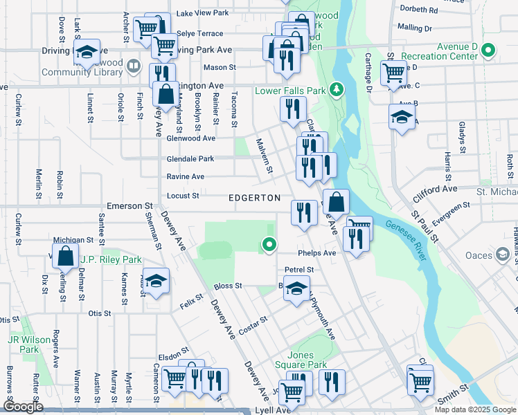 map of restaurants, bars, coffee shops, grocery stores, and more near 36 Locust Street in Rochester