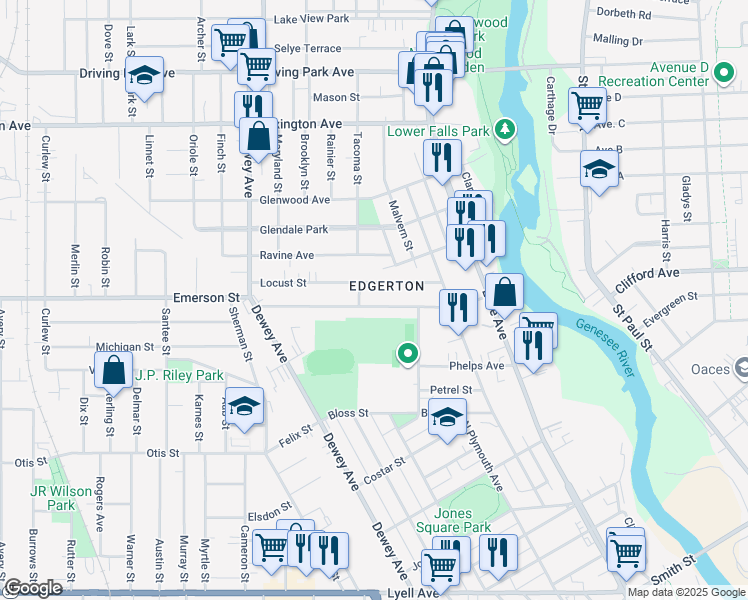 map of restaurants, bars, coffee shops, grocery stores, and more near 36 Locust Street in Rochester
