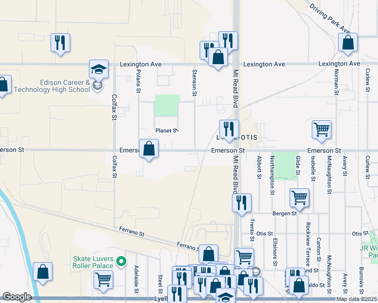 map of restaurants, bars, coffee shops, grocery stores, and more near 149 Planet Street in Rochester